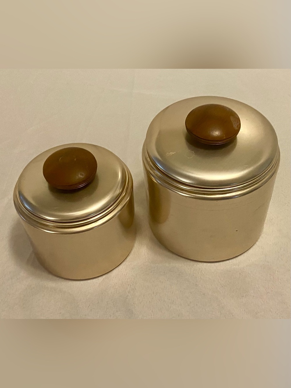 MIRRO Rose Pink Gold Metal Canisters Set with Brown Knobs. Signs of Use.